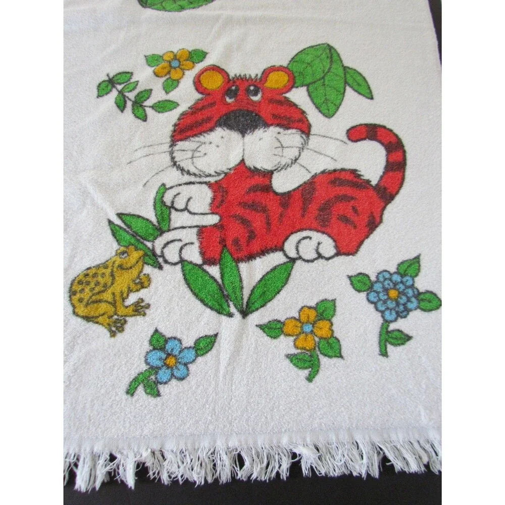 Vintage 1970s Cannon Bath Towel Monticello Tiger Frog Turtle Fringed